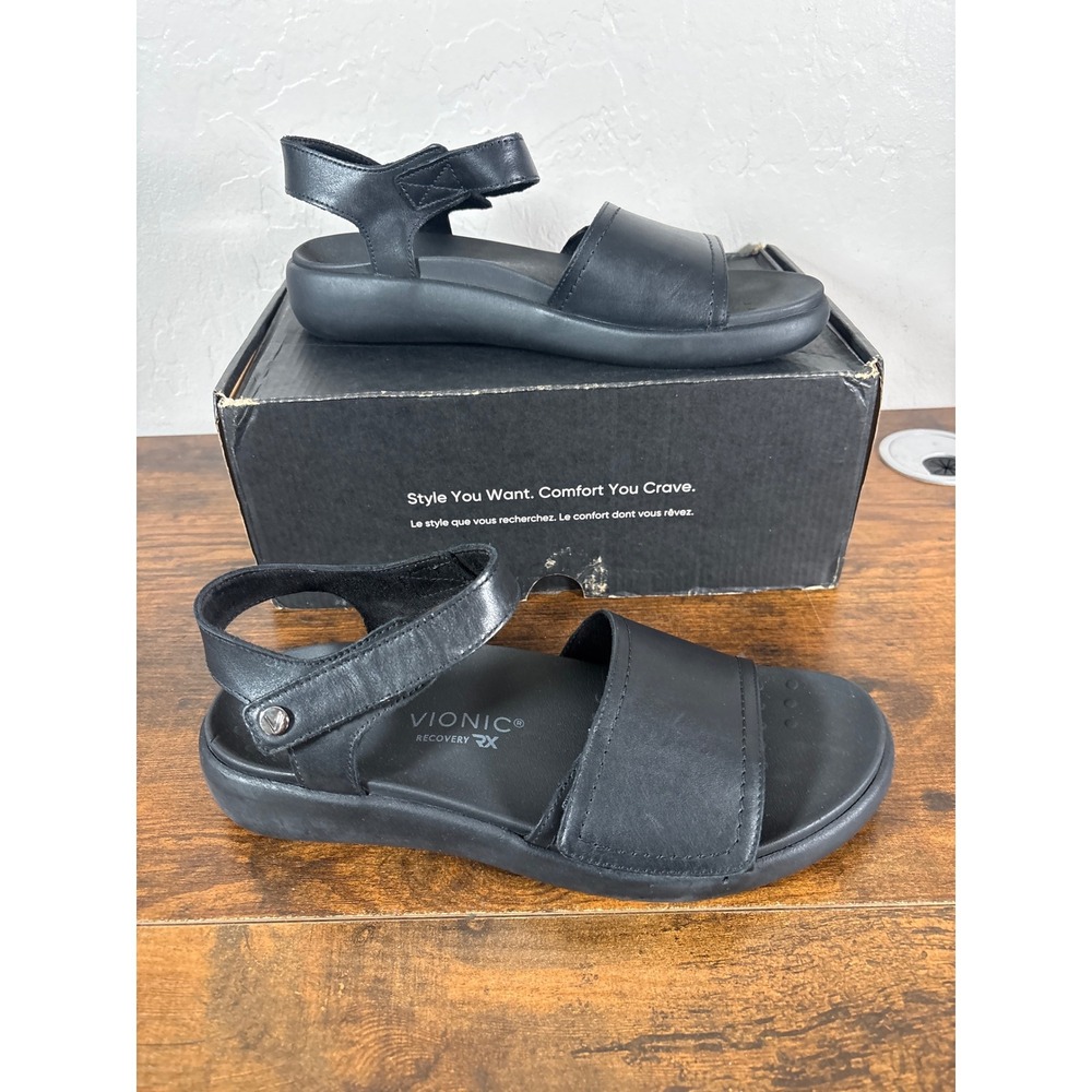 Vionic Awaken RX Recovery Sandals Black Leather Adjustable Straps Womens 8.5